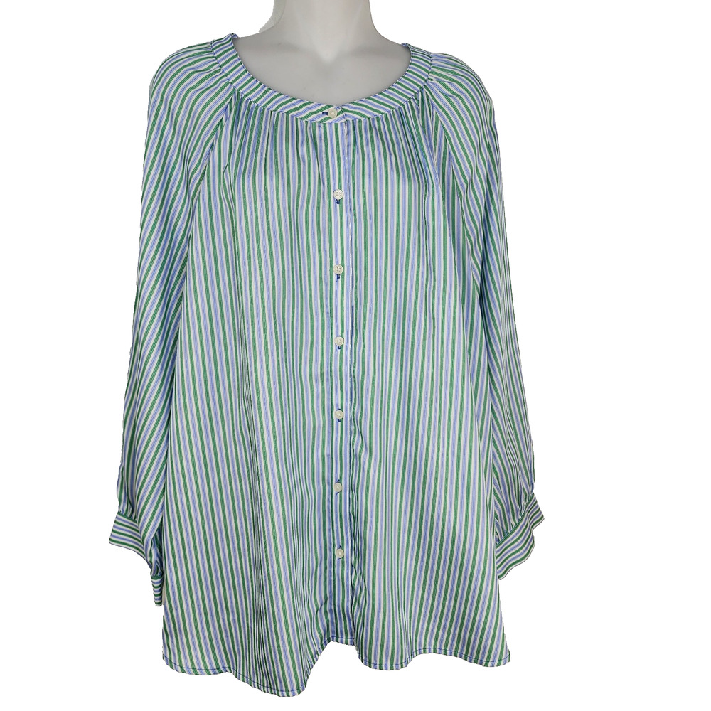 Ann Taylor Top Womens XL Pinstripe Button Front Classic 3/4 Sleeve Jeweled Neck